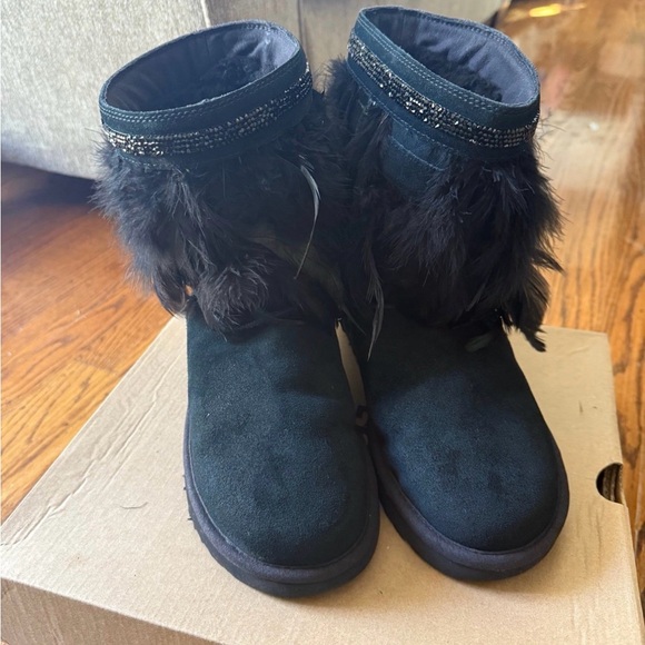 Women’s Black Feather Trim Winter Boots - Picture 2 of 7